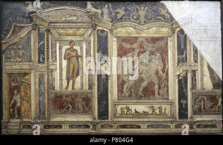 Affresco. Gli ornamenti architettonici lungo con immagini figurative di mitiche. Pompei, Italia. Museo Archeologico Nazionale. Napoli. L'Italia. Foto Stock