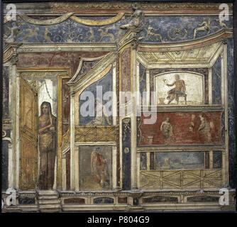 Affresco. Gli ornamenti architettonici lungo con immagini figurative di mitiche. Pompei, Italia. Museo Archeologico Nazionale. Napoli. L'Italia. Foto Stock