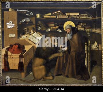 San Girolamo (340-420). San Girolamo nel suo studio, intorno al 1445. Dipinto di Colantonio (1440-1470). Collezione borbonica. Museo Nazionale di Capodimonte. Napoli. L'Italia. Foto Stock