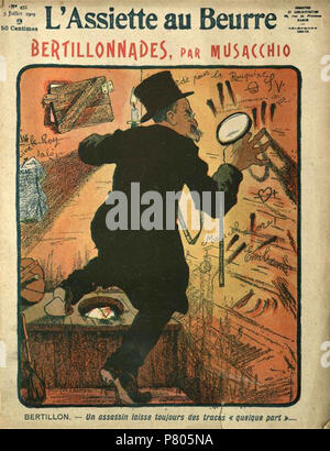 Français : " Les Bertillonnades " in L'assiette au beurre n°431 du 3 juillet 1909. 1909 279 Musacchio Bertillonnades AAB Foto Stock