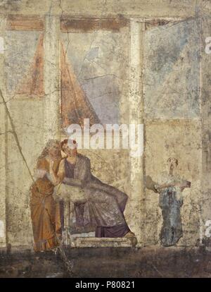 Affresco romano raffigurante Phèdre, tormentato dalla all'amore non corrisposto del suo figliastro Ippolito, invia una lettera in cui lui accusa e che cosa porterà alla sua morte. Casa di Giasone (20-25). Pompei. Museo Archeologico Nazionale. Napoli. L'Italia. Foto Stock