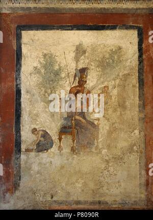 Affresco romano raffigurante una scena di seduzione tra Marte e Venere in presenza di putti e una cameriera. Prima di epoca imperiale. La casa dell'amore puniti. Pompei. Museo Archeologico Nazionale. Napoli. L'Italia. Foto Stock