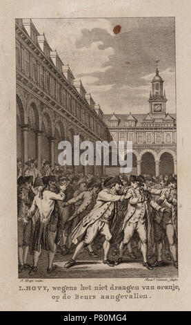 Nederlands: Beschrijving L. Hovy, wegens het niet draagen van Oranje, op de Beurs aangevallen Beurs van Hendrick de Keyzer, Rokin. Techniek: rotocalco. Documenttype prent Vervaardiger Vinkeles, R. (Reinier ; 1741-1816) acquista, Jacobus (1724-1801) Collectie Collectie Stadsarchief Amsterdam: tekeningen en prenten Datering 6 dicembre 1787 Inventarissen http://archief.amsterdam/archief/10097/010097007497 Afbeeldingsbestand 010097007497 . 6 Dicembre 1787 329 Reinier Vinkeles, Afb 010097007497 Foto Stock