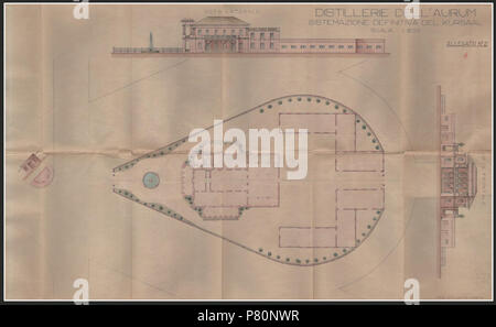 . Italiano: La Distilleria Aurum, planimetria stabilimento, Pescara 1938 . Italiano: Planimetria su scala 1:200 dello stabilimento Aurum prima dei lavori di parte di ristrutturazione ed ampliamento, Pescara 26 settembre 1938 (Pescara, Archivio storico comune di Pescara, b. 1417, fasc. 7, allegato n. 2) . 26 Settembre 1938 134 Distilleria Aurum, planimetria stabilimento, Pescara 1938 - san dl SAN IMG-00003395 Foto Stock