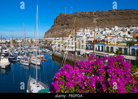 Vista su bouganville e marina di Puerto de Mogan sull isola delle Canarie di Gran Canaria Foto Stock