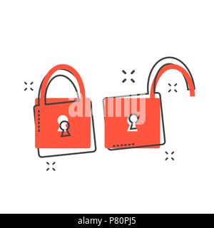 Cartoon icona a forma di lucchetto in stile fumetto. Bloccare, sbloccare illustrazione pittogramma. Locker segno splash concetto aziendale. Illustrazione Vettoriale