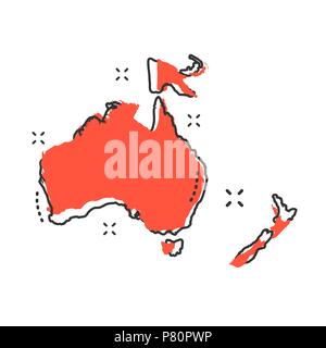 Cartoon Australia e Oceania icona Mappa in stile fumetto. Australia e Oceania illustrazione pittogramma. Geografia paese segno splash concetto aziendale. Illustrazione Vettoriale