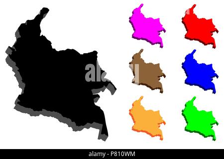 Mappa 3D della Colombia (Repubblica di Colombia) - nero, rosso, viola, arancione, marrone, blu e verde - illustrazione vettoriale Illustrazione Vettoriale