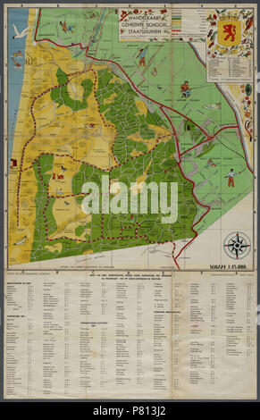 "Wandelkaart van de gemeente Schoorl en de Staatsduinen', rechtsboven met een legenda en het gemeentewapen van Schoorl. Onderaan een 'indice van Dorp, buurtschappen, wegen, paden, duinpartijen, enz. behorende bij wegenkaart van VVV Groet-Camperduin en omgeving'. Vervaardiger: Onbekend Catalogusnummer: PR 1005146 . 9 maggio 2016, 13:36 343 Schoorl en de Staatsduinen 1940 (26637657740) Foto Stock