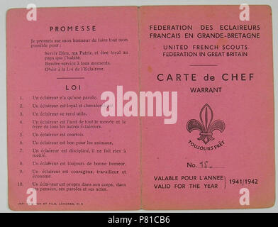 414 Éclaireurs français en Grande-Bretagne, mouvement scout de la France libre. Leader Scout card Foto Stock