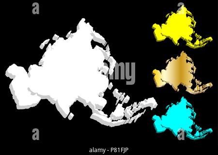 Mappa 3D di Asia il continente - bianco, oro, blu e giallo - illustrazione vettoriale Illustrazione Vettoriale