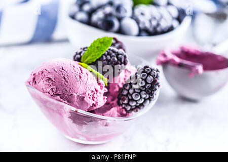 Mirtillo e blackberry gelati in vaschetta con frutti congelati. Foto Stock
