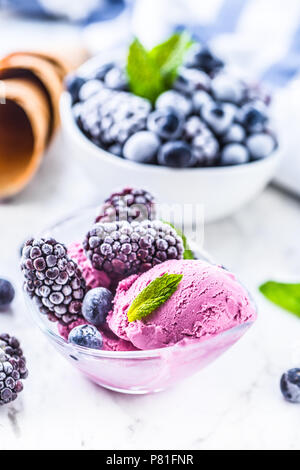 Mirtillo e blackberry gelati in vaschetta con frutti congelati. Foto Stock