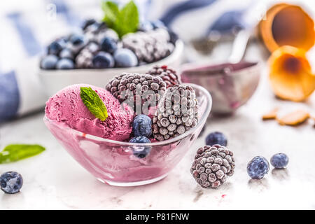 Mirtillo e blackberry gelati in vaschetta con frutti congelati. Foto Stock