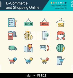 L'E-commerce e acquisti online icone. Riempito profilo collezione design 18. Per la presentazione, la progettazione grafica, l'applicazione mobile, web design, infograph Illustrazione Vettoriale