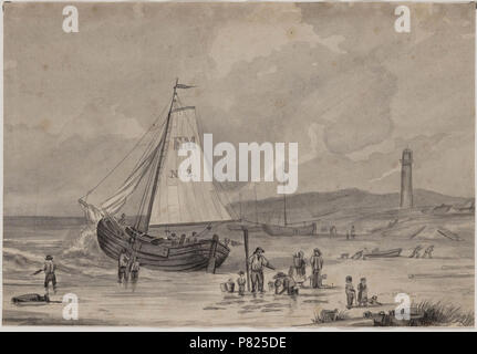Catalogusnummer: PR 1001134 Plaats: Egmond aan Zee Beschrijving: 'Strandgezigt te Egmond aan Zee, 1844', het strand nabij Egmond incontrato op de voorgrond een vissersschip met verschillende vissers. Op de achtergrond de Jan van Speyktoren. Datering: 1844 Vervaardiger: Bruinvis, C.W. 6 luglio 2016, 09:30 142 Egmond aan Zee (27507604563) Foto Stock