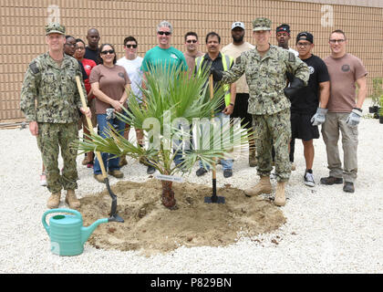 Supporto navale attività BAHRAIN (20 aprile 2016) -- Capt. Cory Howes, comandante navale attività di supporto Bahrain (NSA), destra, Environmental Program Manager per il sud-ovest Asia, Patrick Smith, centro e Cmdr. Steven Williams, dirigente della NSA, sinistra, piantare un albero in osservazione della Giornata della Terra. NSA Bahrain consente il funzionamento in marcia avanti e la velocità di risposta degli Stati Uniti e delle forze alleate a sostegno del Navy regione Europa, Africa, Asia sud-ovest (EURAFSWA) missione di fornire i servizi per la flotta, Fighter, e famiglia. Foto Stock