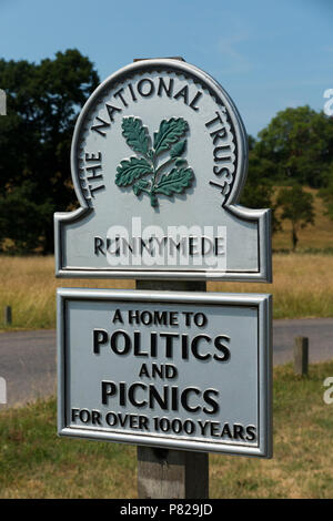 Il National Trust segno / segnaletica / post; Runnymede, Surrey. Regno Unito. Runnymede è stato il sito della firma della Magna Charta nell'anno 1215. (99) Foto Stock