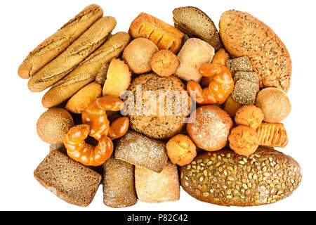 Raccolta della granella pane e prodotti da forno isolato su sfondo bianco. Vista dall'alto. Lay piatto Foto Stock