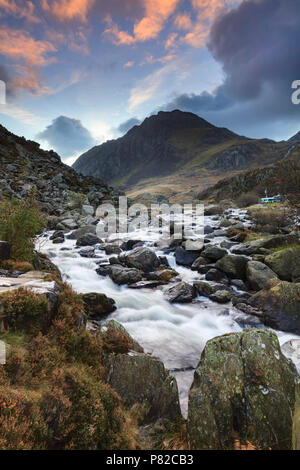 Tryfan nel Parco Nazionale di Snowdonia catturata a sunrise. Foto Stock