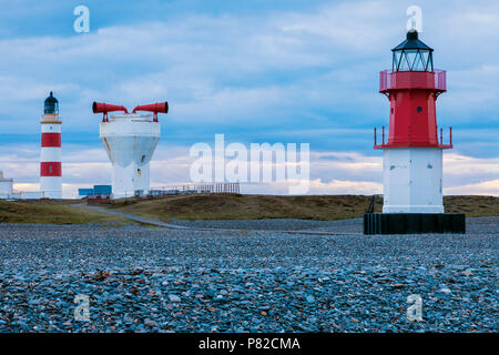Punto di Ayre fari e sirena antinebbia sull'Isola di Man. Isola di Man Foto Stock