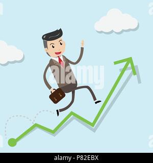 La crescita finanziaria il concetto di successo con happy businessman salendo sul grafico verde come fase stair iniziare dall'inizio al successo. Il concetto di business per Illustrazione Vettoriale