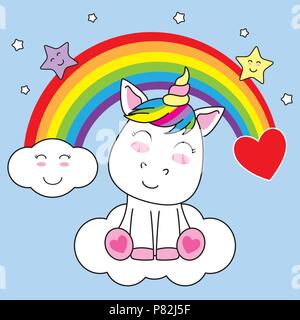 Unicorn sorridente seduto su una nuvola e con l'arcobaleno nel cielo Illustrazione Vettoriale