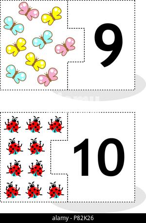 Imparare a contare 2-parte puzzle carte per tagliare e giocare con le farfalle e ladybugs, numeri 9, 10 Illustrazione Vettoriale