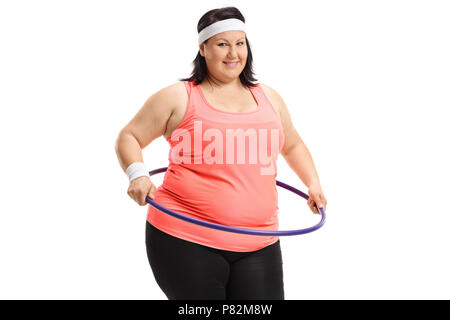 Il sovrappeso donna con una-hula hoop isolati su sfondo bianco Foto Stock