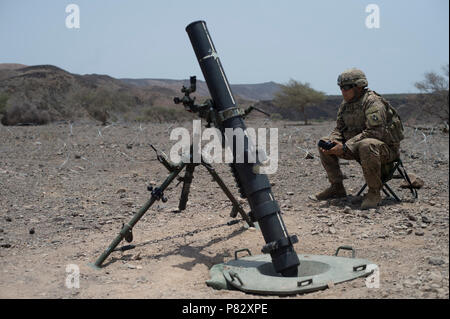 Stati Uniti Army Spc. Alan George, 1° Battaglione, 124Reggimento di Fanteria, Bravo Azienda orologi la zona circostante prima di formazione di mortaio il Agosto 8, 2016 a Arta, Gibuti. I militari hanno sparato tornate dal M224 e M252 Cannoni per la pratica di colpire aree bersaglio. Il 1-124, un componente di Combined Joint Task Force-Horn dell Africa, è distribuito da cacao, Fla., per eseguire le operazioni di sicurezza nella regione. Foto Stock