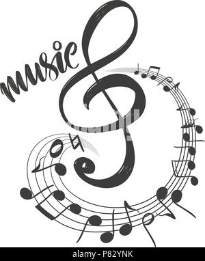 Le note musicali icona, amo la musica, calligrafia testo disegnato a mano illustrazione vettoriale schizzo Illustrazione Vettoriale