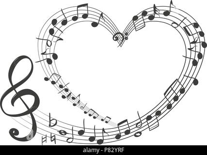 Le note musicali in forma di un'icona a forma di cuore, amo la musica, disegnati a mano illustrazione vettoriale schizzo Illustrazione Vettoriale