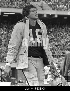 Oakland, la California, Stati Uniti d'America. Il 7 dicembre, 1980. Oakland Raiders vs Dallas Cowboys a Oakland-Alameda County Coliseum Domenica, 7 dicembre 1980. Raider di Oakland Quarterback Jim Plunkett (16). Raider perso per i cowboy 13 -19, ma lo hanno fatto il Superbowl nel post stagione. Credito: Al di Golub/ZUMA filo/Alamy Live News Foto Stock