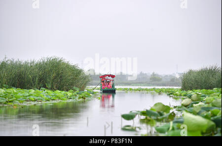 Zhengzhou, la Cina della Provincia di Henan. 9 Luglio, 2018. I turisti visualizza i fiori di loto in barca sul Lago Longhu nella contea di Huaiyang, centrale cinese della Provincia di Henan, Luglio 9, 2018. Credito: Feng Dapeng/Xinhua/Alamy Live News Foto Stock