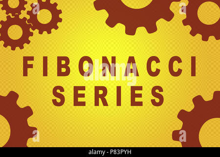 Serie di Fibonacci segno concetto illustrazione con red ruota dentata figure su sfondo giallo Foto Stock