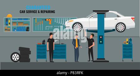 Negozio di riparazioni auto interno con meccanica o maestri che lavorano e fissaggio di automobili, servizio professionale concetto e la conversazione con un cliente. Auto in ascensore. Pannello strumenti sulla parete. Illustrazione Vettoriale