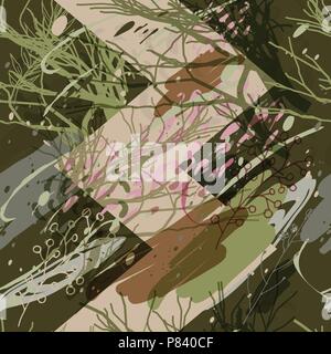 Militari di camuffamento di texture con alberi, rami, erba e acquerello macchie Illustrazione Vettoriale