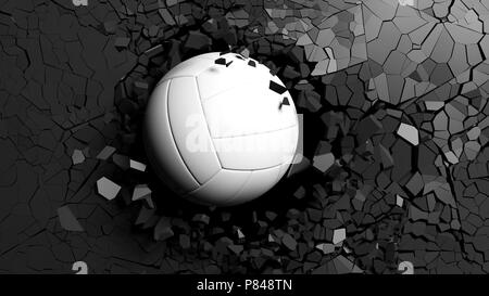 Il concetto di sport. Volley ball rompendo con grande forza attraverso una parete nera. 3d'illustrazione. Foto Stock