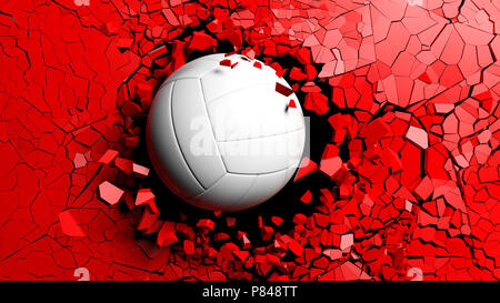 Il concetto di sport. Volley ball rompendo con grande forza attraverso una parete rossa. 3d'illustrazione. Foto Stock