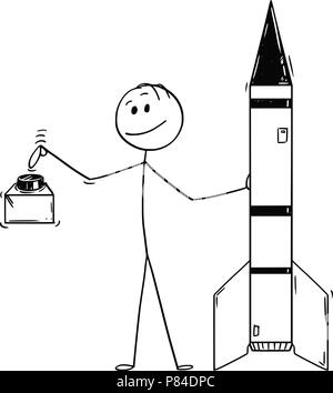Cartoon del candidato appoggiato su di missile e pronto a spingere il pulsante rosso Illustrazione Vettoriale