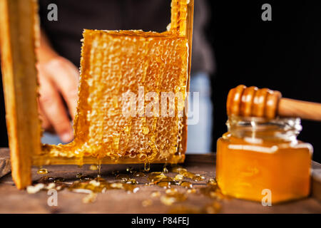 Favo di miele in una cornice di legno Foto Stock