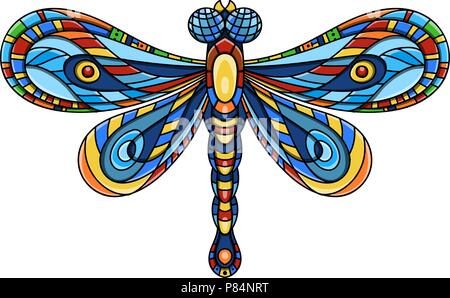 Squisiti ornati dragonfly stilizzato. Spirituale, esoterico, totem simbolo di Africa, India, America. Tribali etnici patterns con elementi di Ar Nouveau un Illustrazione Vettoriale