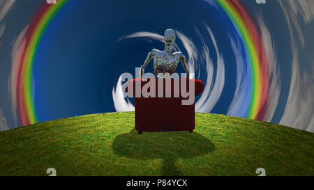 Scena surreale. Arrugginita alien robot si siede in poltrona rossa prima del tunnel di nuvole. Il rendering 3D Foto Stock