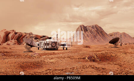Base su Marte, prima colonizzazione, colonia marziana nel deserto paesaggio sul pianeta rosso (spazio 3d'illustrazione) Foto Stock