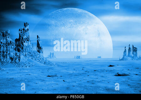 Blue pianeta alieno paesaggio con strane formazioni rocciose (3d'illustrazione) Foto Stock