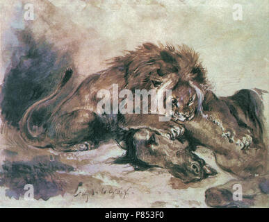 Eugène Delacroix - Lion divorando un cavallo Foto Stock