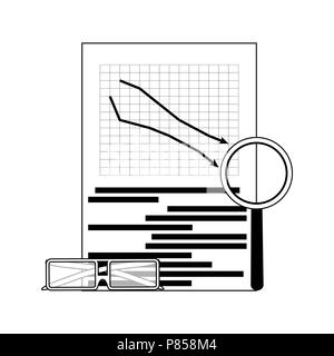 Mercato di linea verso il basso. Diagramma vettoriale freccia giù e lente di ingrandimento immagine Illustrazione Vettoriale