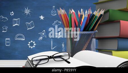 Istruzione disegno sulla lavagna per la scuola con i libri Foto Stock
