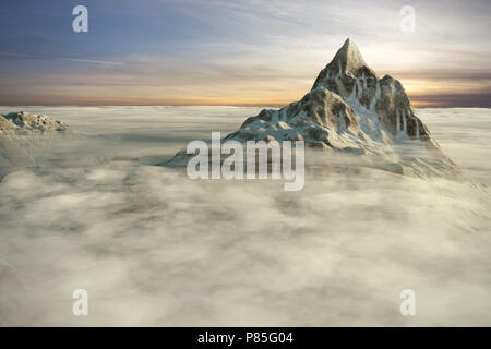 Picchi di alta montagna sopra le nuvole dal tramonto. 3D render illustrazione. Foto Stock