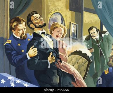 Abramo Lincoln (1809-1865). Uomo politico americano e avvocato.sedicesimo presidente degli Stati Uniti. Assassinio del presidente Abraham Lincoln da John documento Wilkes Booth (1838-1865) presso il Teatro di Ford a Washington D.C. il 14 aprile 1865. Acquerello. Foto Stock